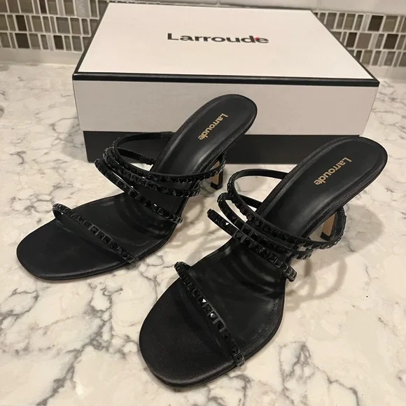 Larroude Women’s Black Strappy Beaded Heels size 9 worn once beautiful and sexy
